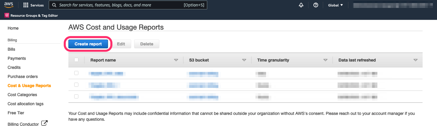 screenshot of AWS Cost and Usage Reports with Create Report button highlighted