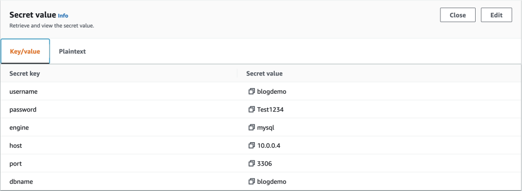 Example of a secret value stored in AWS Secrets Manager being represented as a set of key/value pairs.