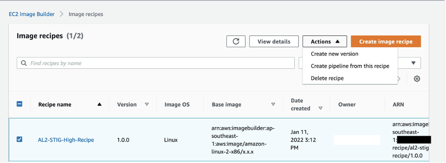 Screenshot of selecting recipe names from list to create pipeline