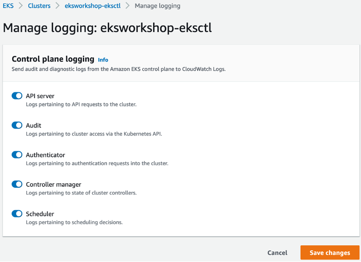 Manage logging page which allows you to toggle different control plane logs.