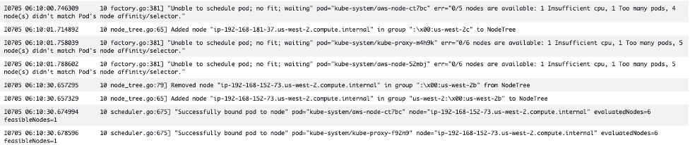 A sample of the EKS control plane scheduler log event