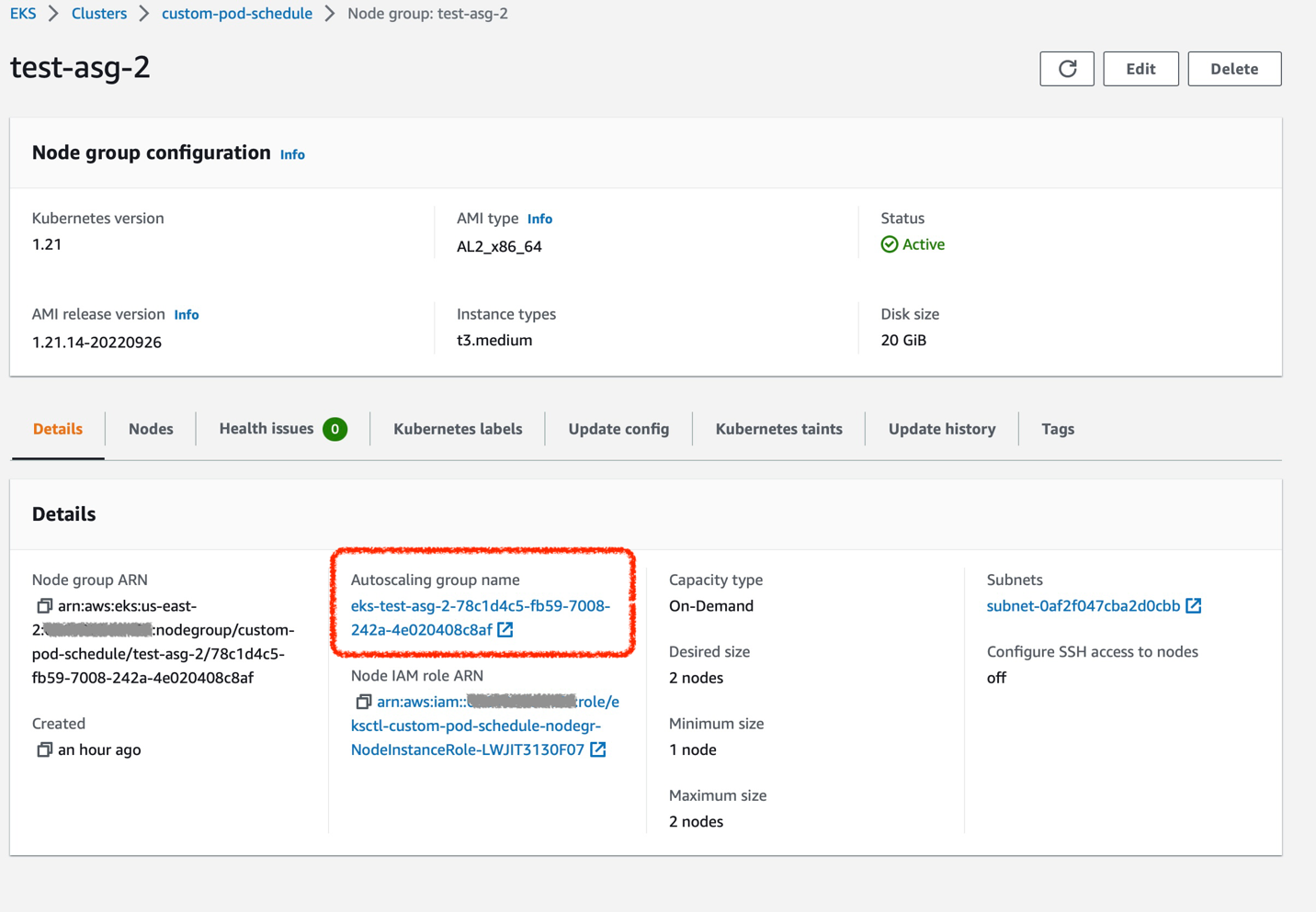 Screenshot of the test-asg-2 node group