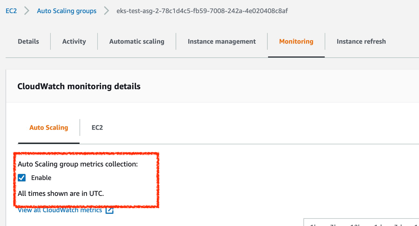 Screenshot of CloudWatch monitoring details with red box around Auto Sclaing group metrics collection enabled
