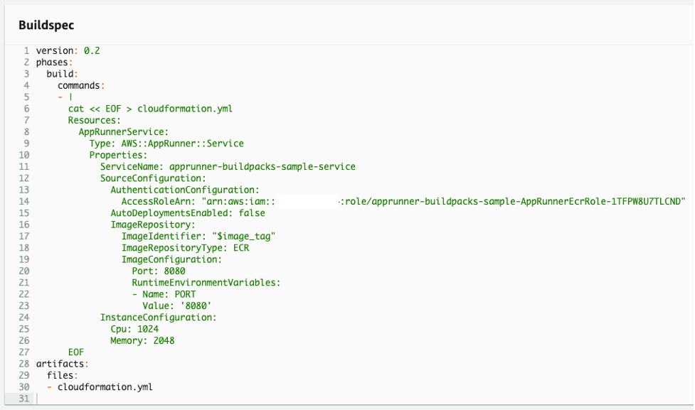 Screenshot showing the AWS CodeBuild specification for deploying the App Runner service