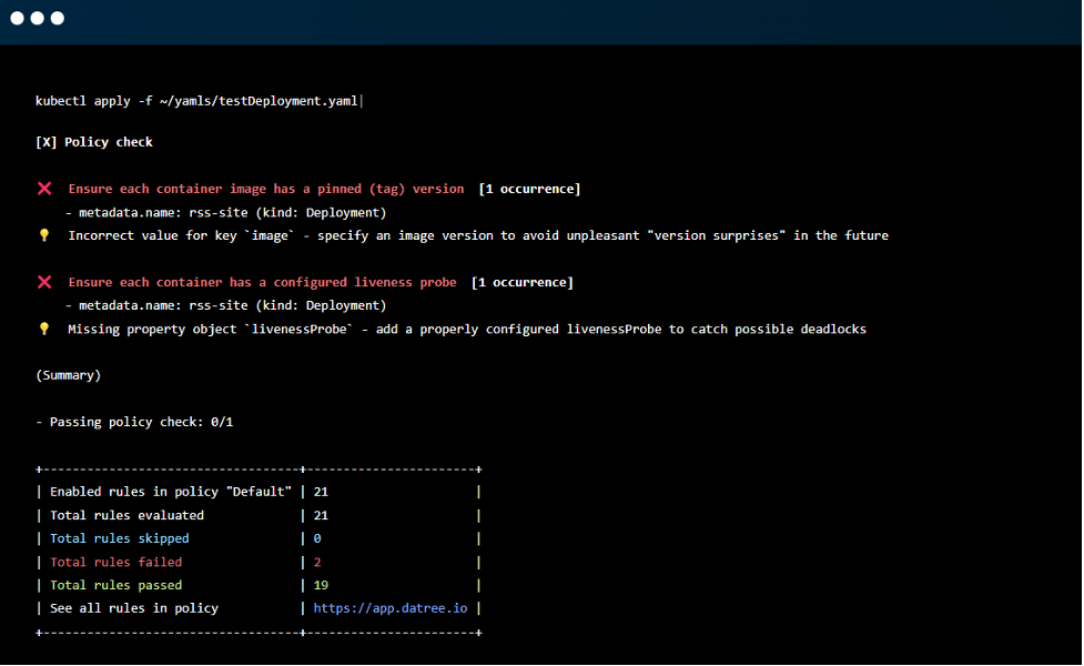 Sample output of applying Datree to k8s cluster