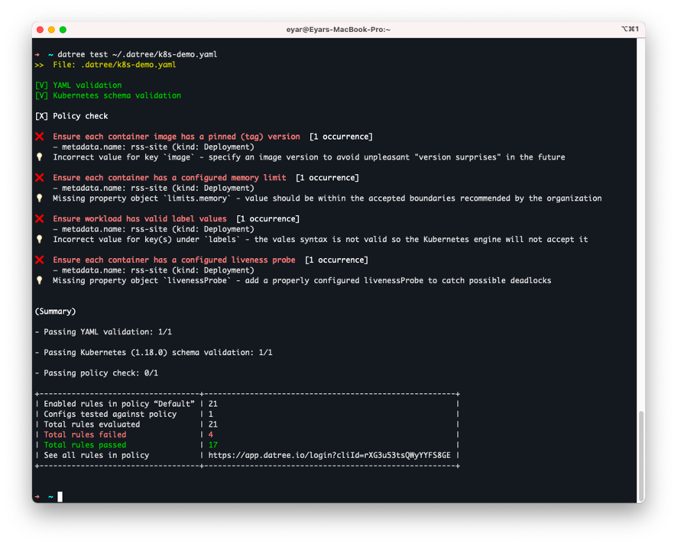 Sample output of a datree CLI run