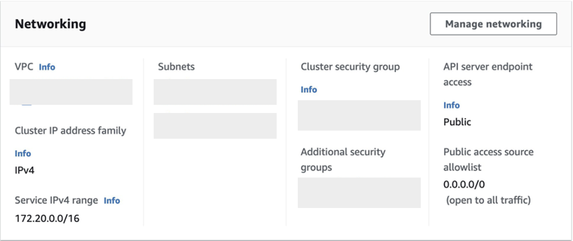 Figure 4: Illustrative view of Amazon EKS cluster networking configuration, including API server endpoint set to “Public.”