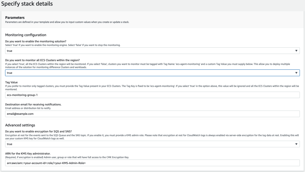 The screenshot shows the possible AWS CloudFormation parameters and their descriptions.