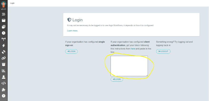 Argo workflows login UI