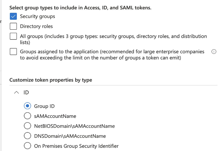 Add group claims in token configuration