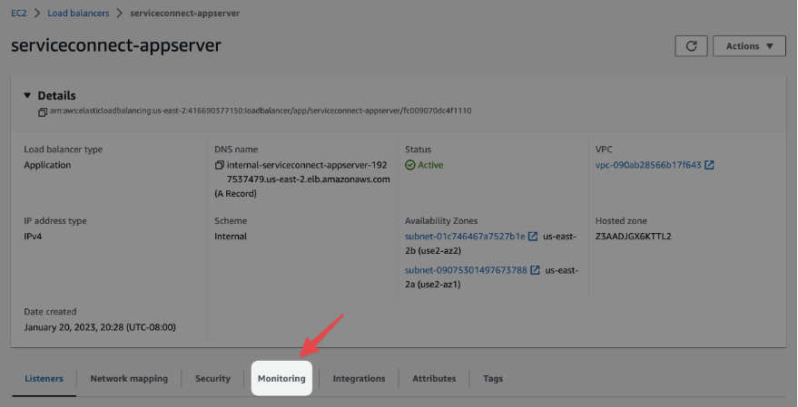 Example of Monitoring tab within AWS EC2 Load Balancer