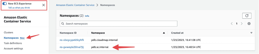 Example of AWS ECS Namespaces in AWS ECS Console V2