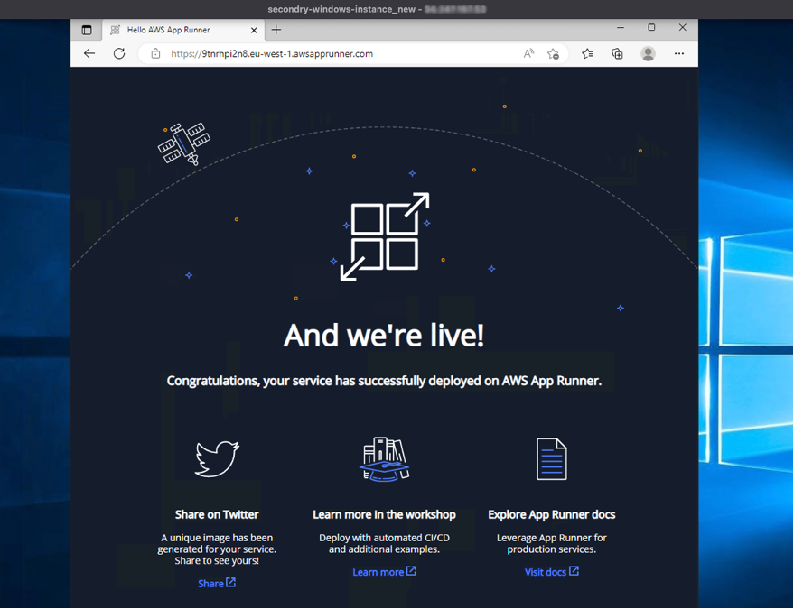 Browser screenshot for accessing an App Runner service