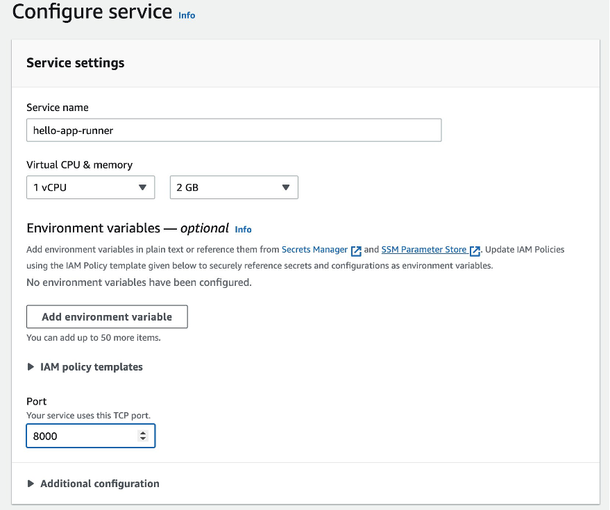 Console screenshot to configure the App Runner service name, Virtual CPU & memory and port