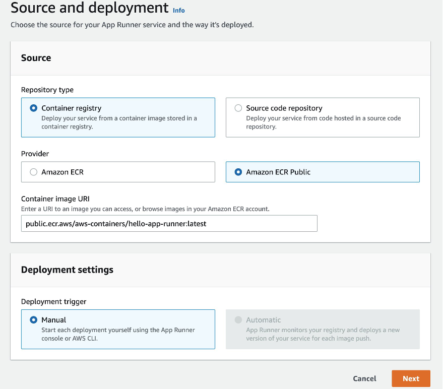 Console screenshot to configure the name and Repository type for an App Runner service