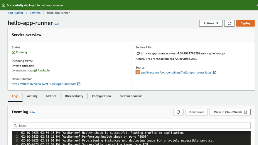 Console screenshot for a deployed App Runner service and the service logs