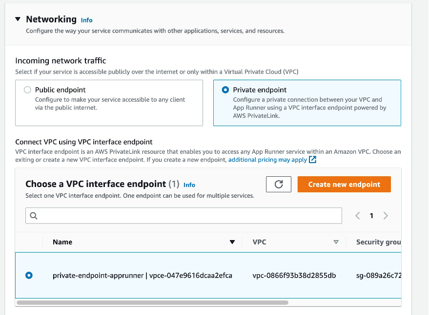 Console screenshot to configure the incoming traffic for an App Runner service