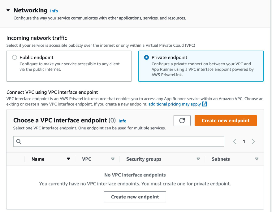 Console screenshot to config the Networking for a private App Runner service
