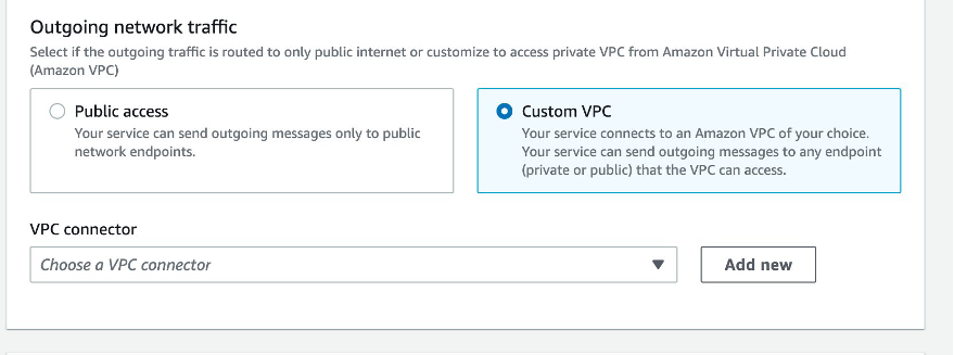 Console screenshot to config the outgoing network traffic for an App Runner service