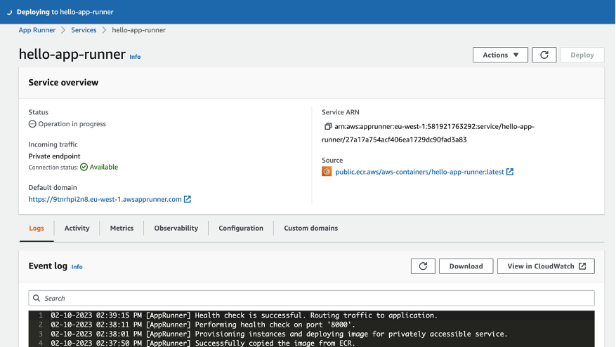 Console screenshot for an overview of an App Runner service configuration