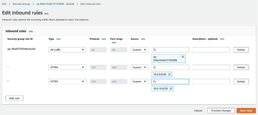 Console screenshot for updating the default Security group which is used by the App Runner service 