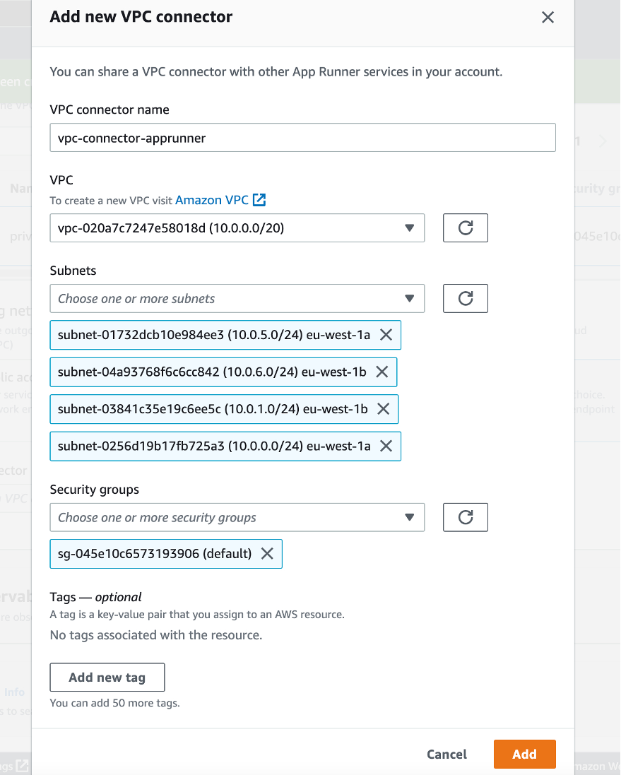 Console screenshot to create a new VPC connector for an App Runner service