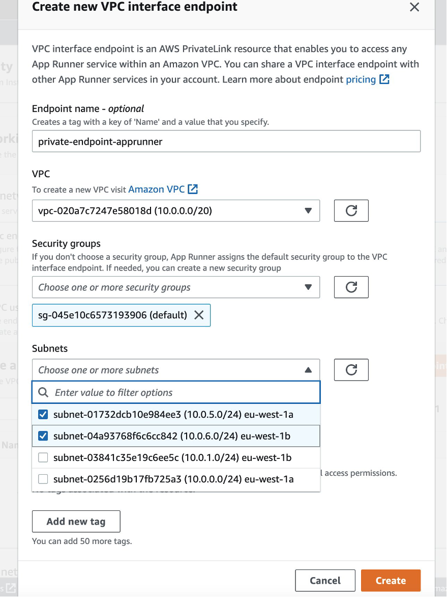 Console screenshot to create a VPC interface endpoint for a private App Runner service