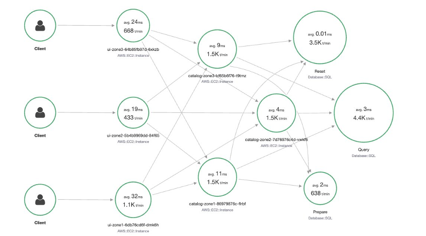Network flow of the demo application on X-Ray Service Map panel