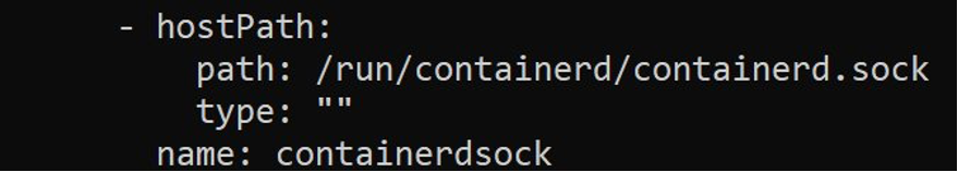 Image showing a sample YAML configuration of hostPath, pointing to a containerd socket on the host.