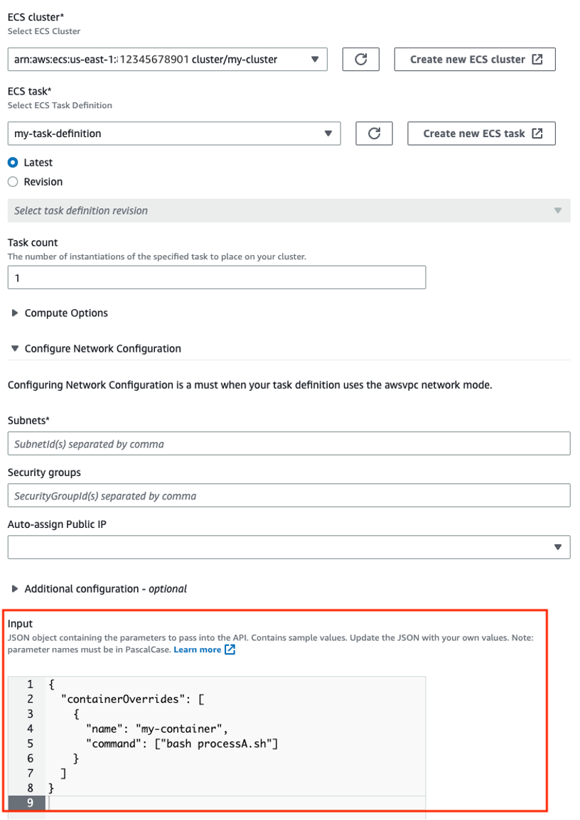 {"containerOverrides":[{"name":"my-container","command":"["bash processA.sh"]"}]}