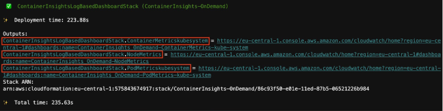 Figure 18: The links to the newly generated log-based dashboards as they appear in the CDK deploy output.