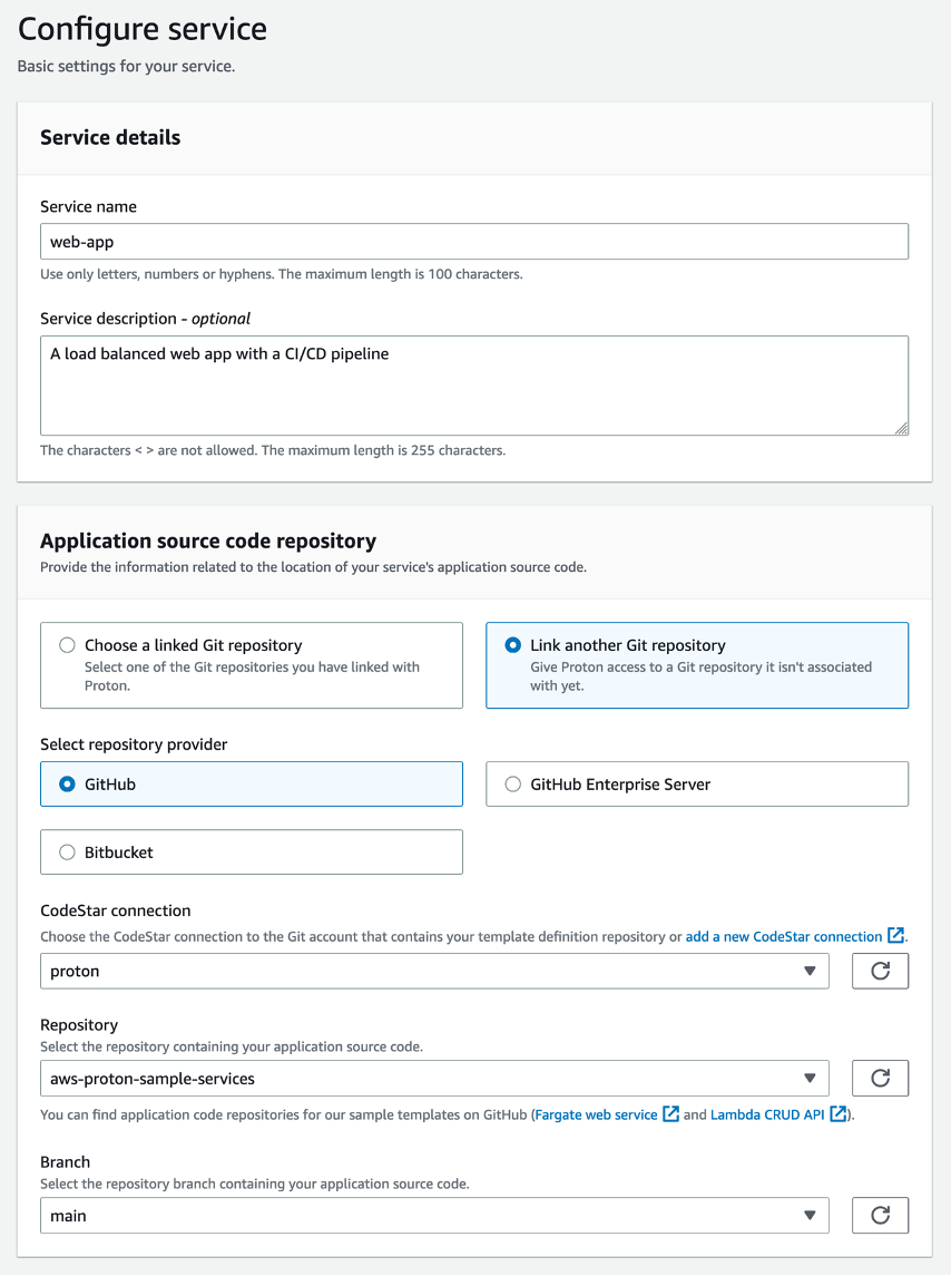 Create Proton service and link Git repo