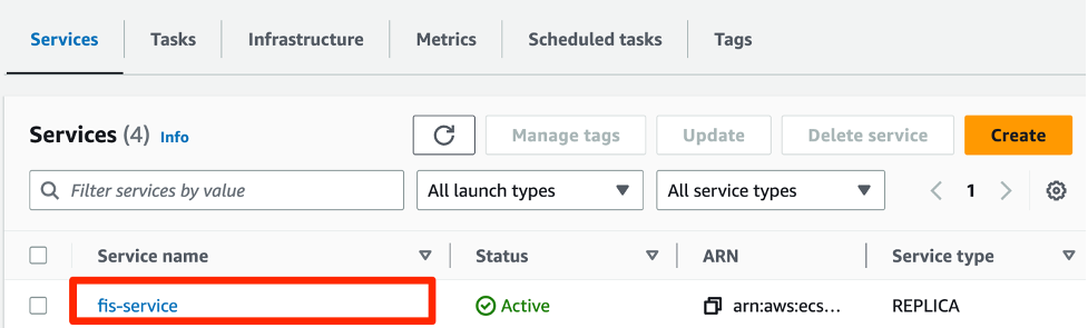 ECS console with ECS FIS service