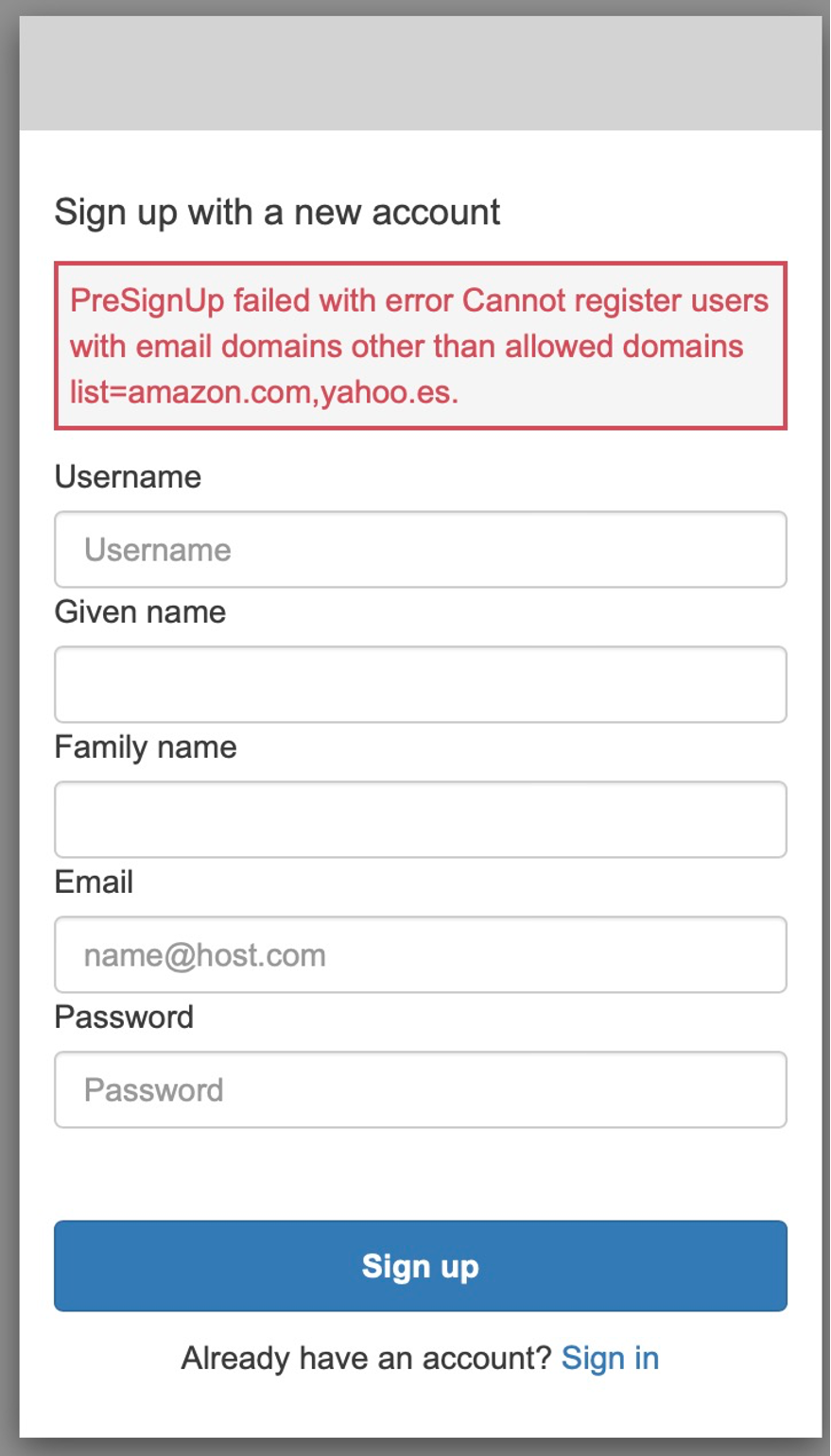 Screenshot of error message