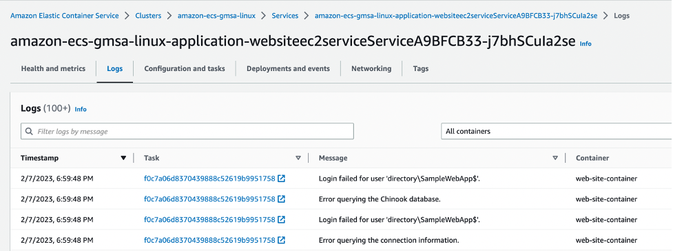 Amazon ECS task logs