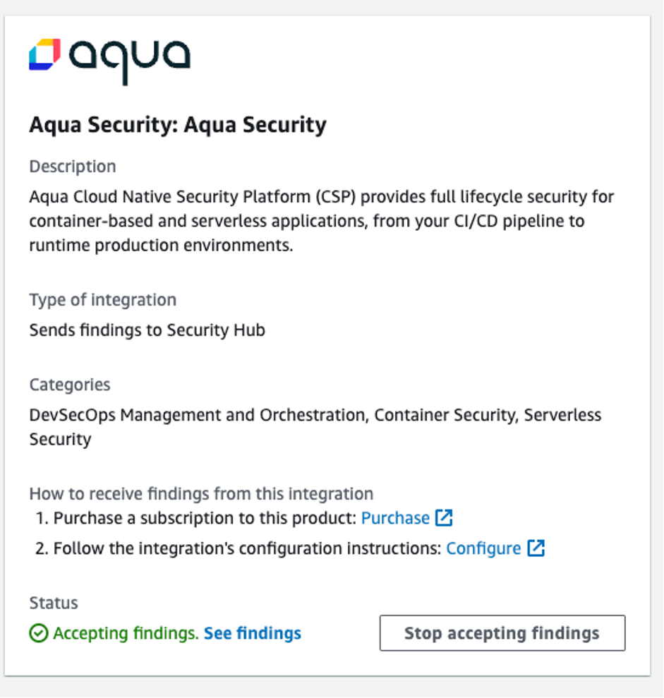 Screenshot showing completed Aqua Security integration