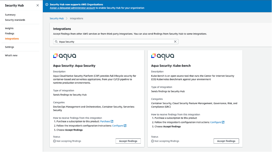 Screenshot of Aqua Security Integration options for AWS Security Hub