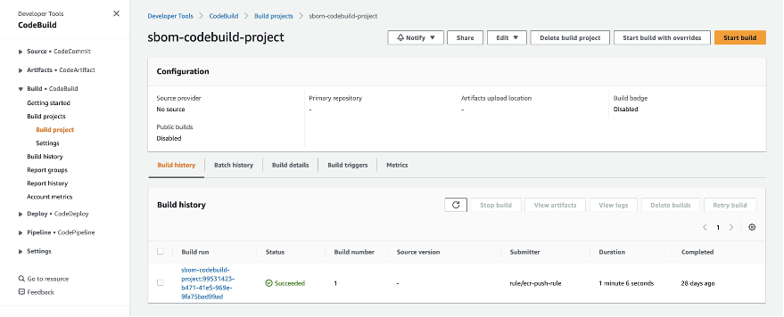 Screenshot of CodeBuild SBOM project