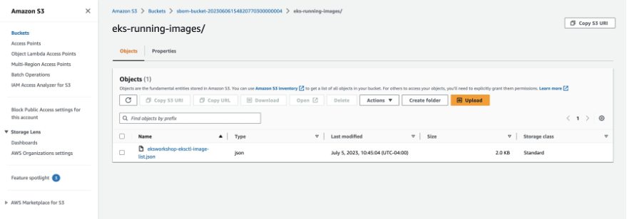 Screenshot of SBOM S3 bucket with eks-running-images file generated