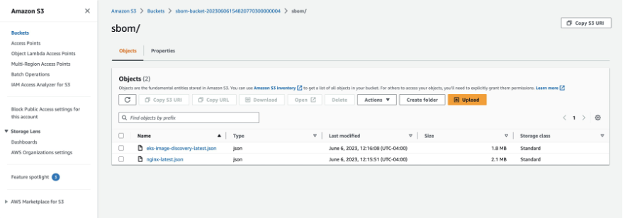 Screenshot of SBOM S3 bucket with SBOM files generated
