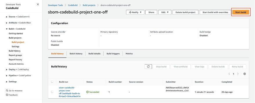 Screenshot of CodeBuild SBOM project with highlight “Start build” button