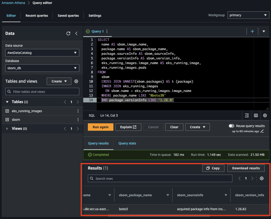 Screenshot Amazon Athena Query Editor console page with SBOM SQL query results
