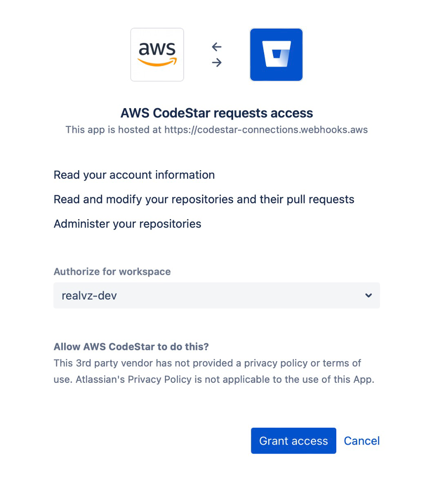 AWS CodeStar access for Bitbucket integration