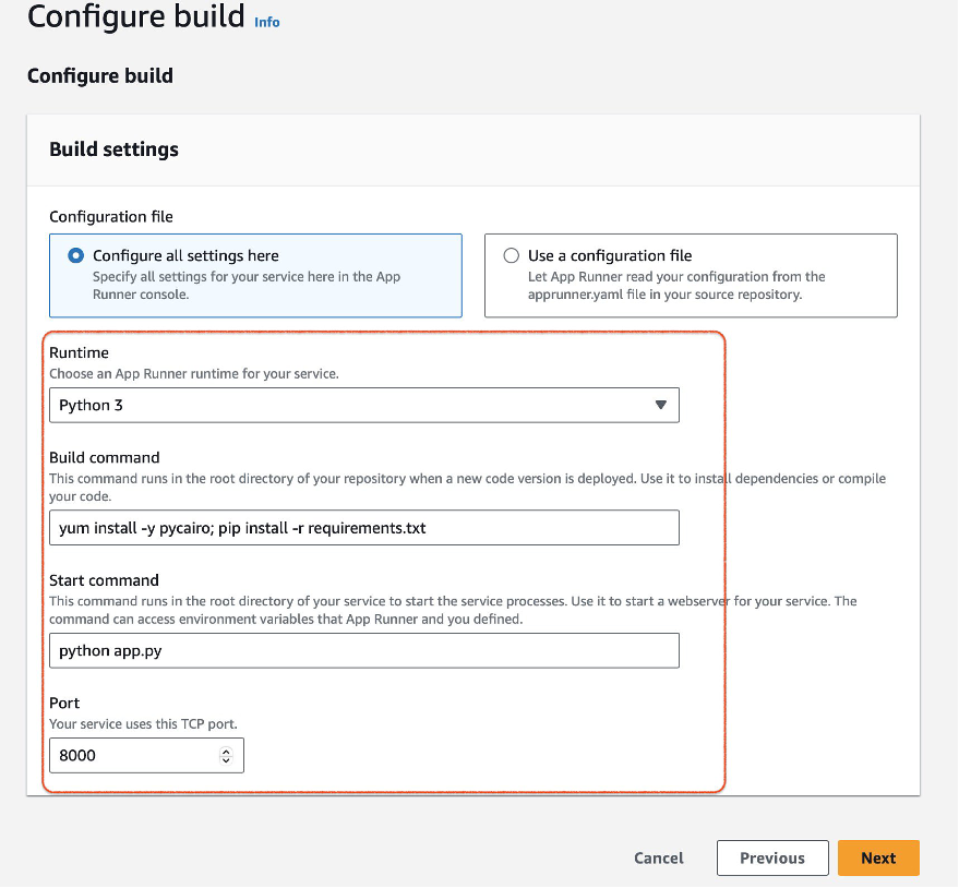 Build configurations in AWS App Runner