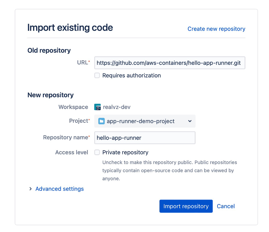 Importing code repository into Bitbucket