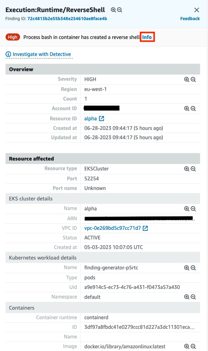 Eks Runtime Monitoring GuardDuty agent finding details