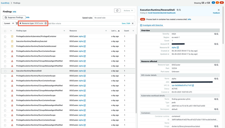Eks Runtime Monitoring GuardDuty agent findings table