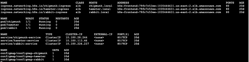 Listing Kubernetes resources for ingress, pod, service, Configmap