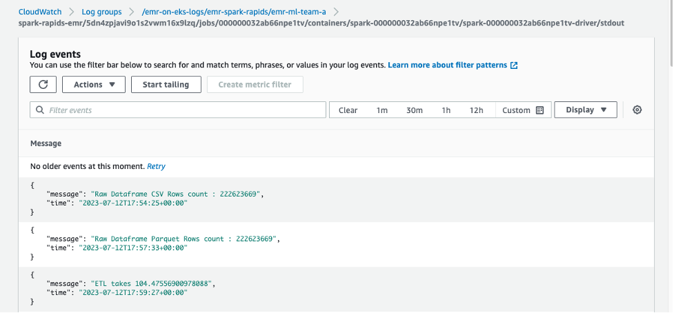 Spark job log entries in CloudWatch logs.
