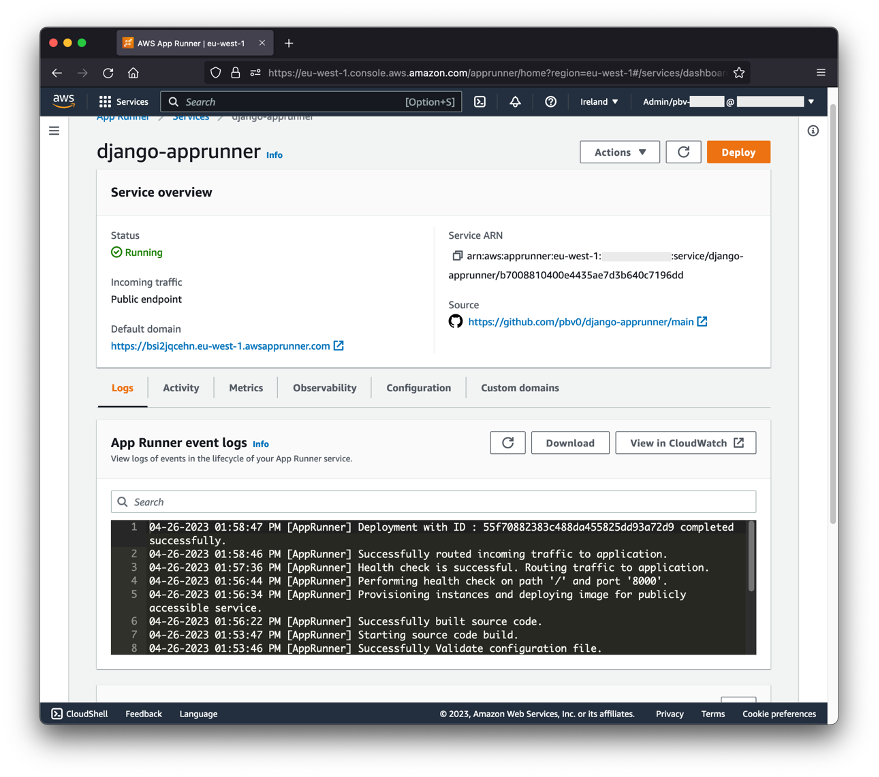 Newly created django-apprunner service in the AWS App Runner console.